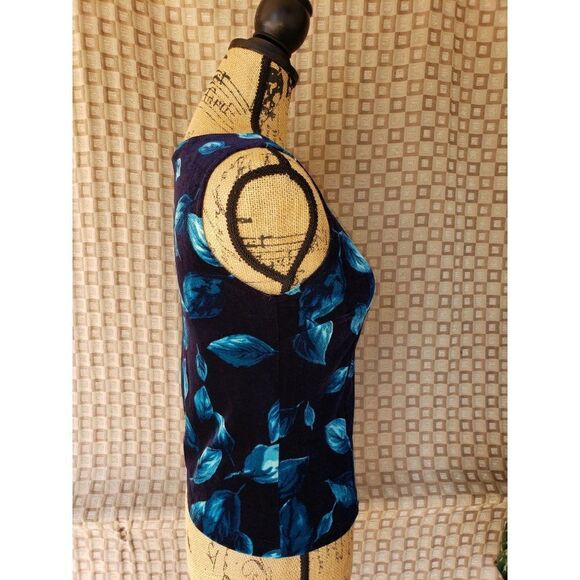 Women's Sleeveless Blouse Velvet Blue Leaves Print Vintage Blouson Small - Picture 6 of 6